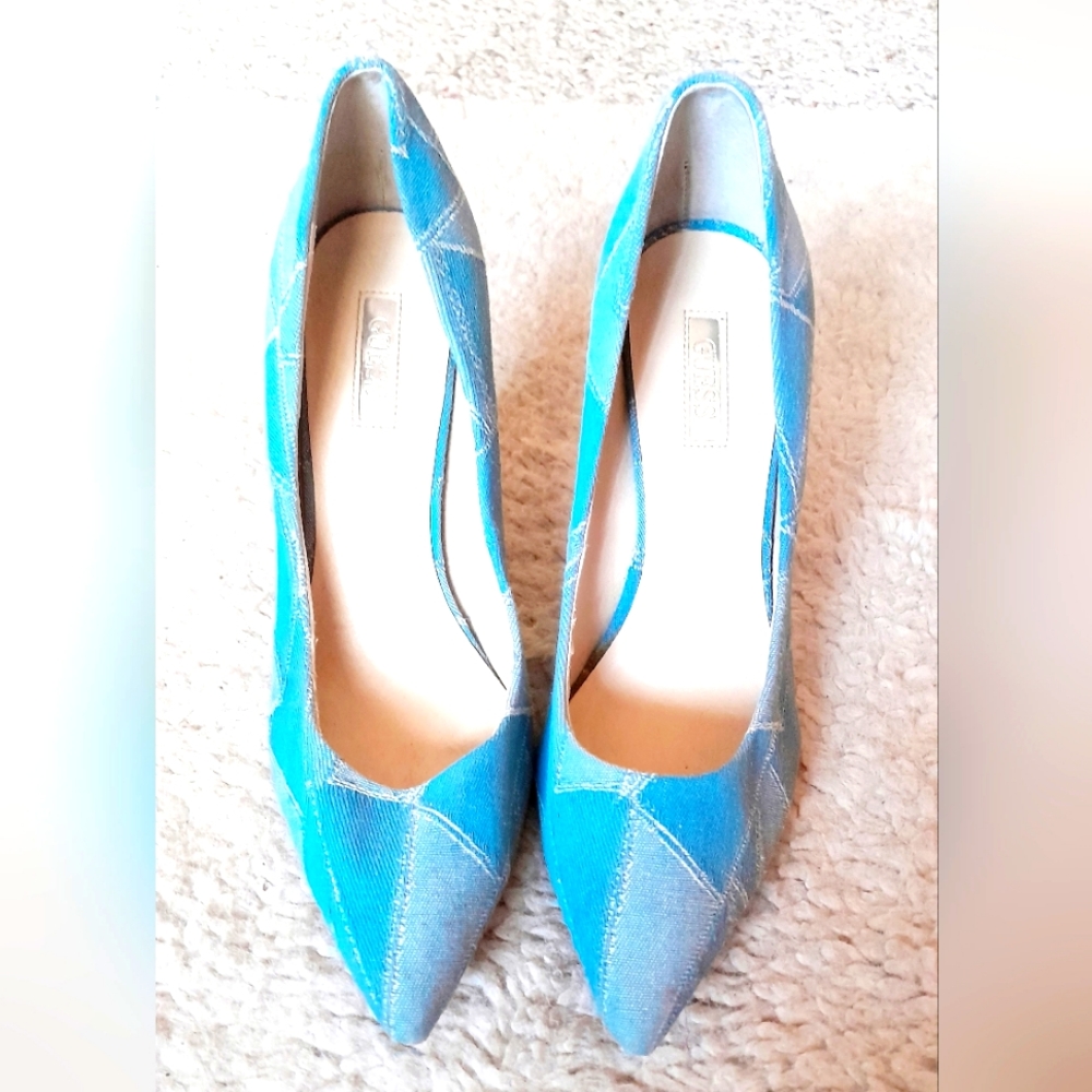 ***Guess Denim Plaid Look Point-Toed Stiletto Heels